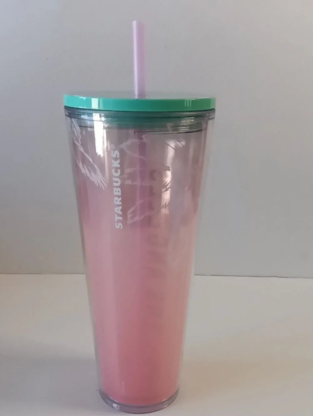 Starbucks Palm Tree Pink Los Angeles 24oz Cold Tumbler Green Lid & Pink Straw